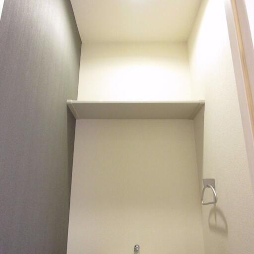 トイレ上部に棚板が付いているので、トイレットペーパーのストックなどを置くのに役立ちます
